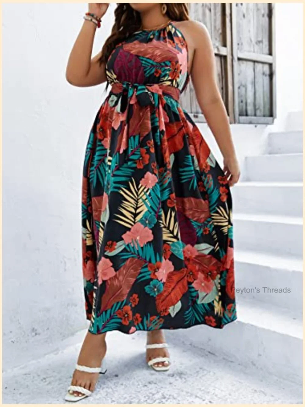 Women's Plus Size Boho Sleeveless Halter Neck Tie Back A Line Maxi Dress - Picture 3 of 5